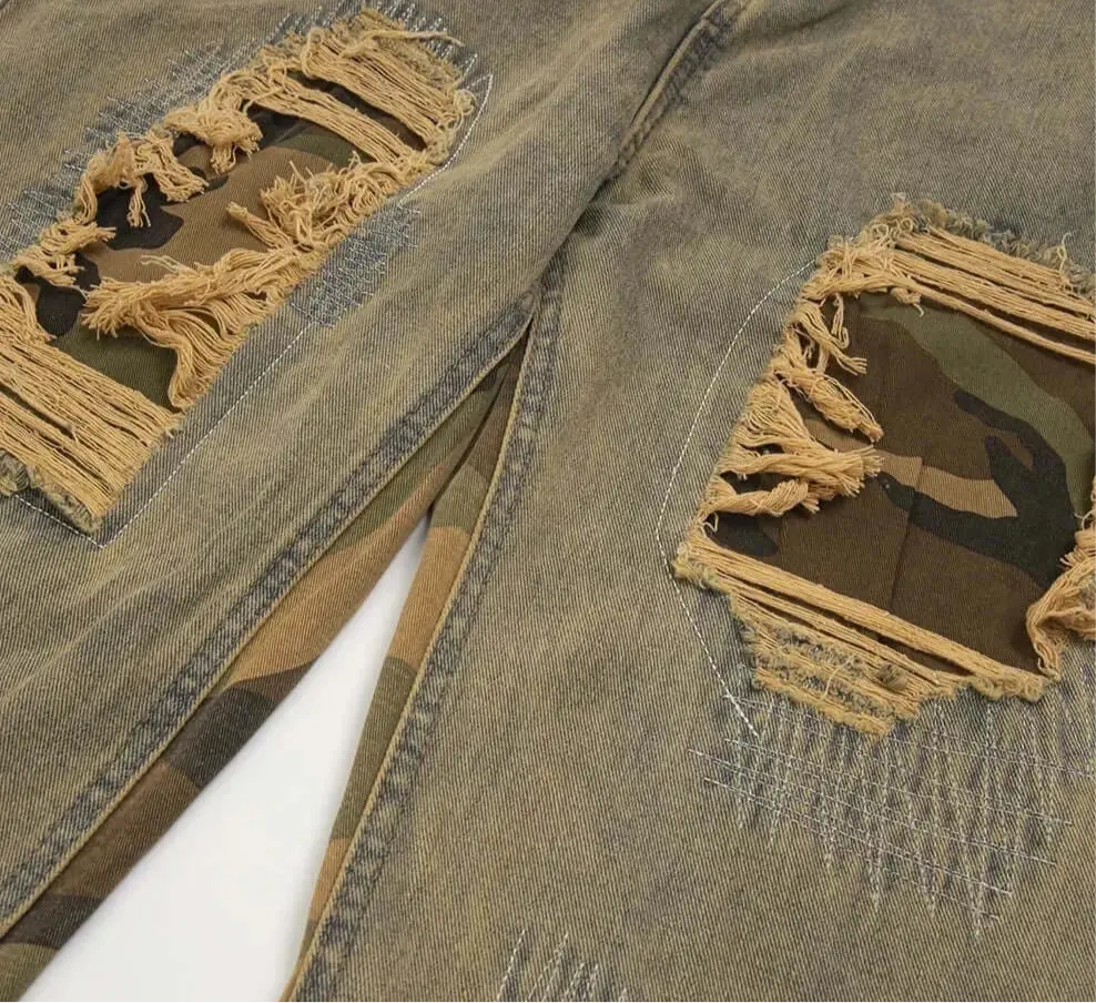 Pluto Ripped Sand Camo Panel Flared Denim Jeans Pluto Clo uk | Official Website