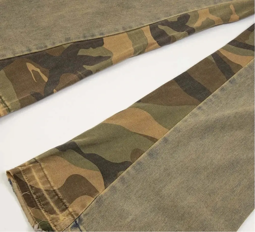 Pluto Ripped Sand Camo Panel Flared Denim Jeans Pluto Clo uk | Official Website