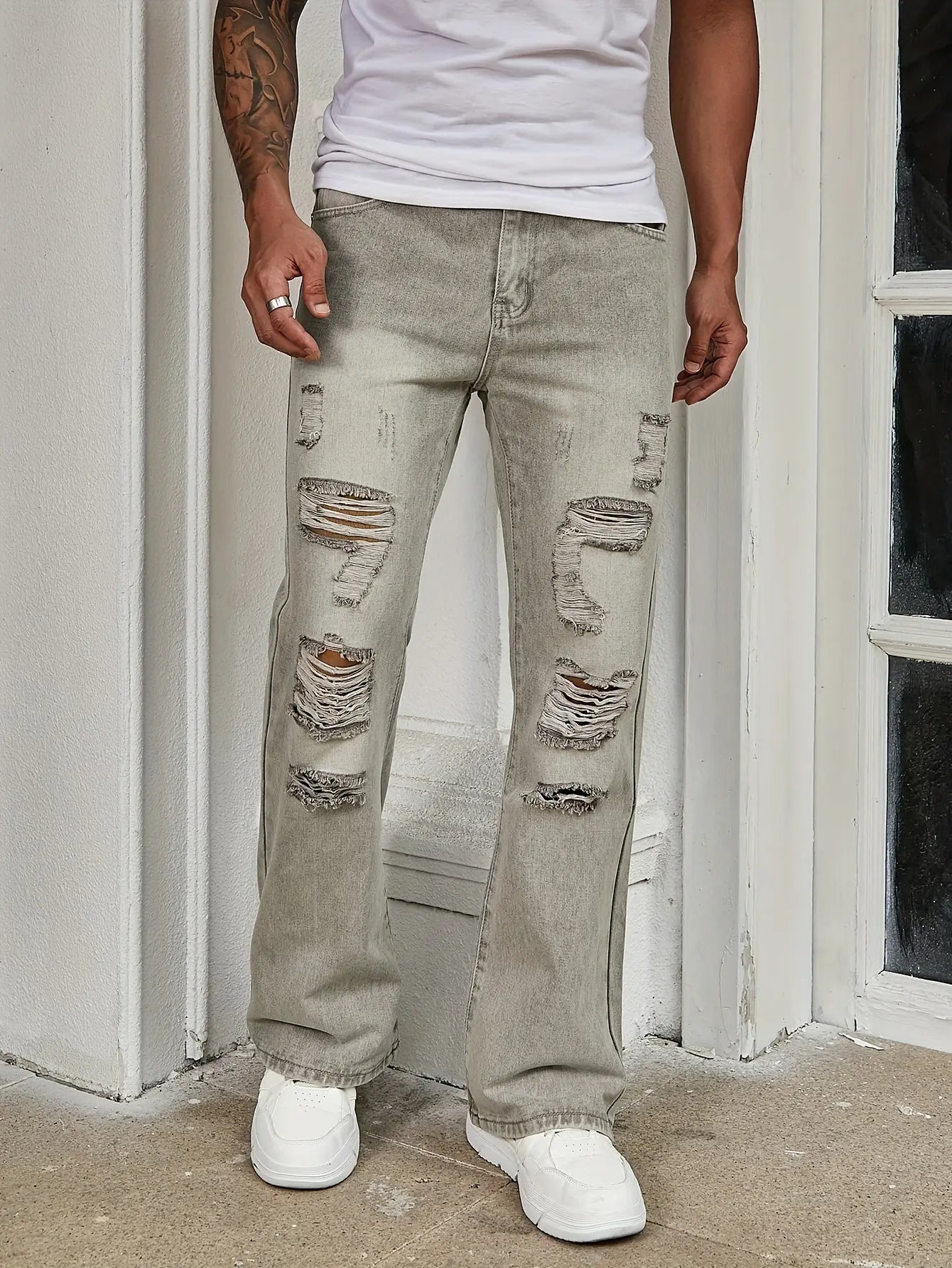Pluto Distressed Grey Men's Casual Flare Jeans Pluto Clo uk | Official Website