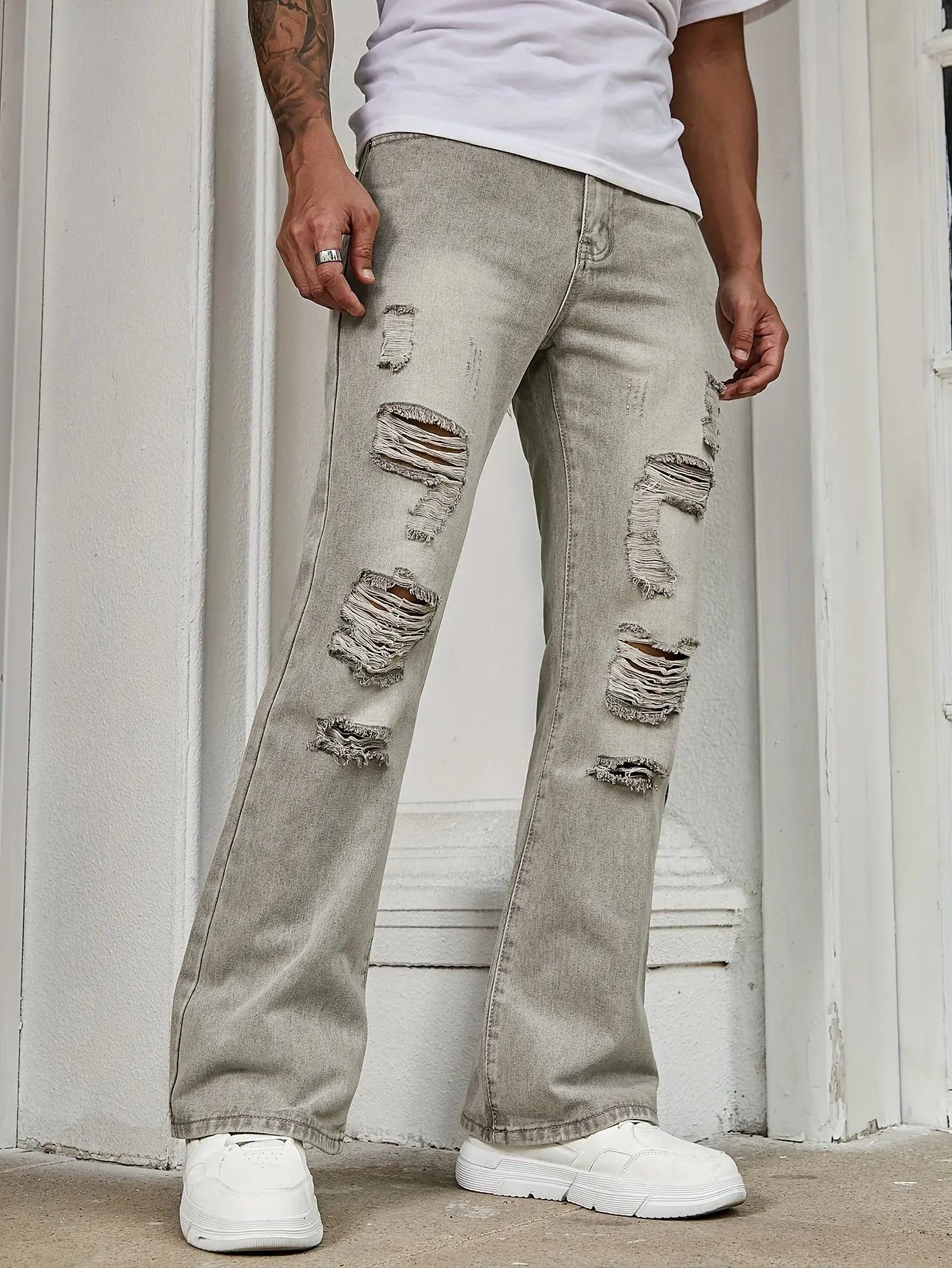 Pluto Distressed Grey Men's Casual Flare Jeans Pluto Clo uk | Official Website