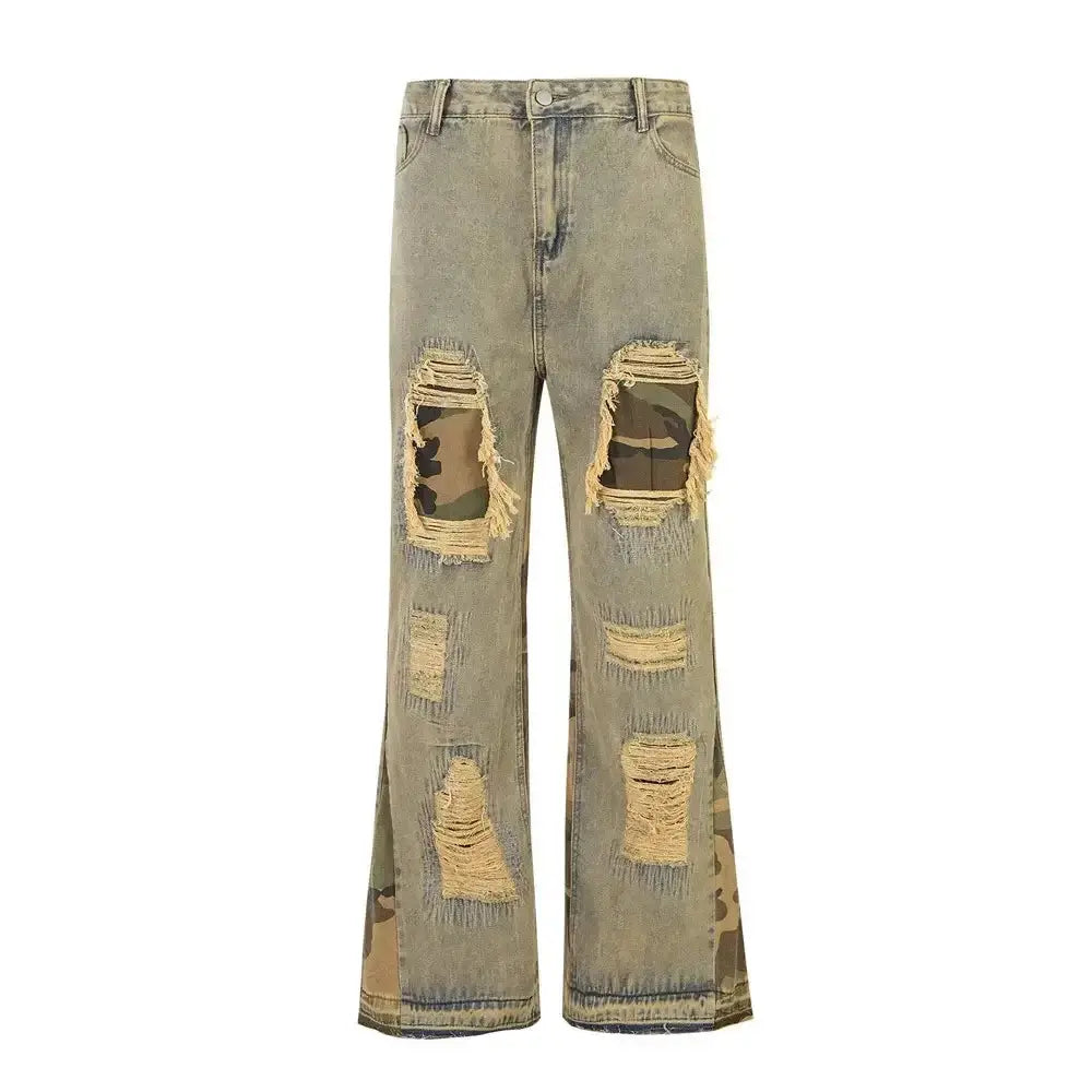 Pluto Ripped Sand Camo Panel Flared Denim Jeans Pluto Clo uk | Official Website