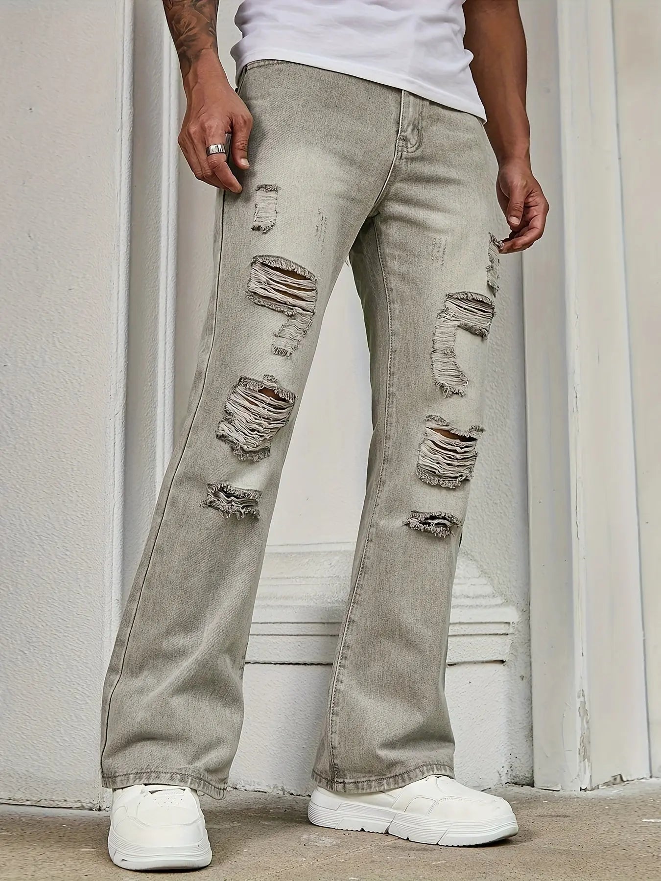 Pluto Distressed Grey Men's Casual Flare Jeans Pluto Clo uk | Official Website