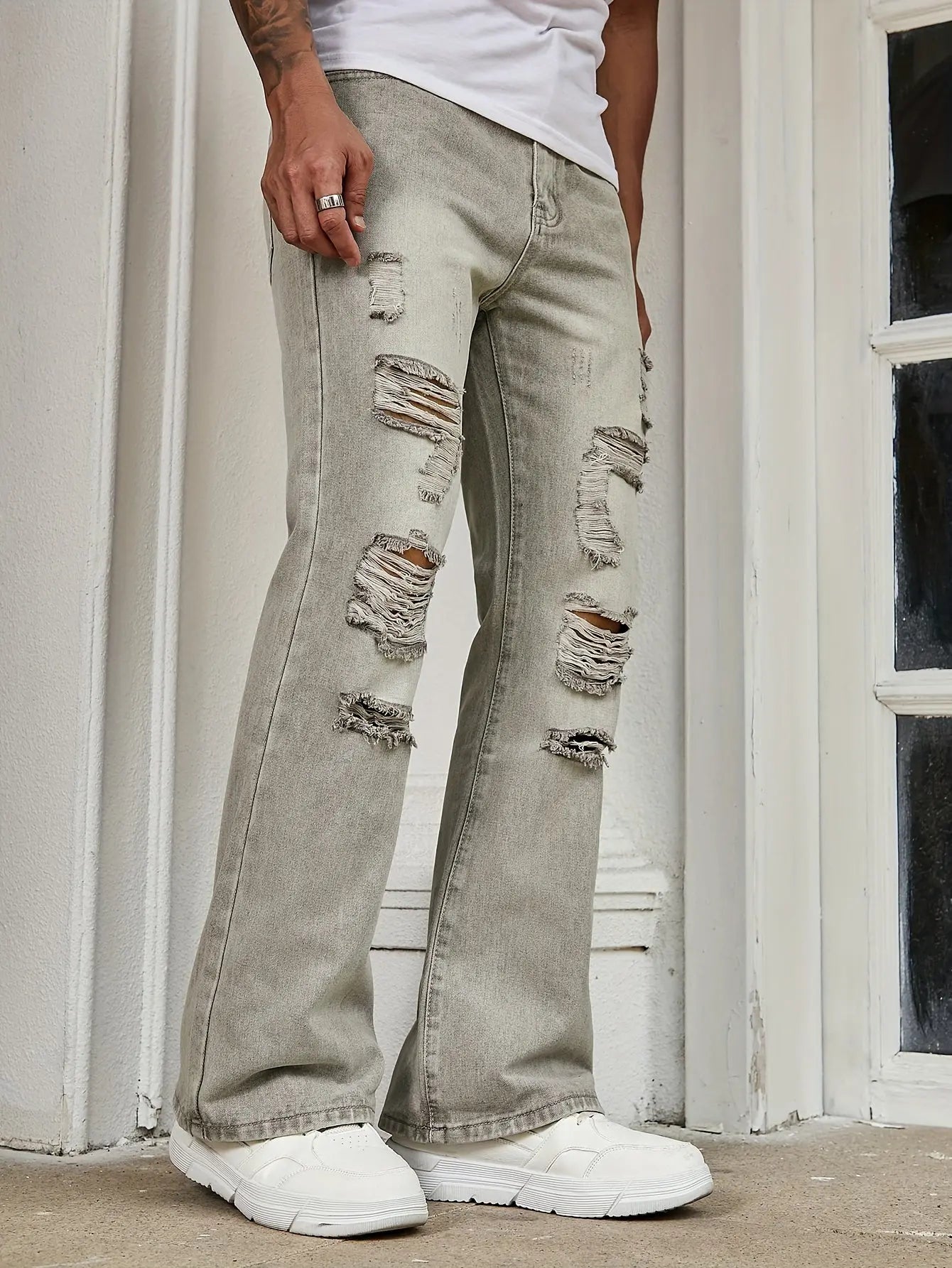 Pluto Distressed Grey Men's Casual Flare Jeans Pluto Clo uk | Official Website