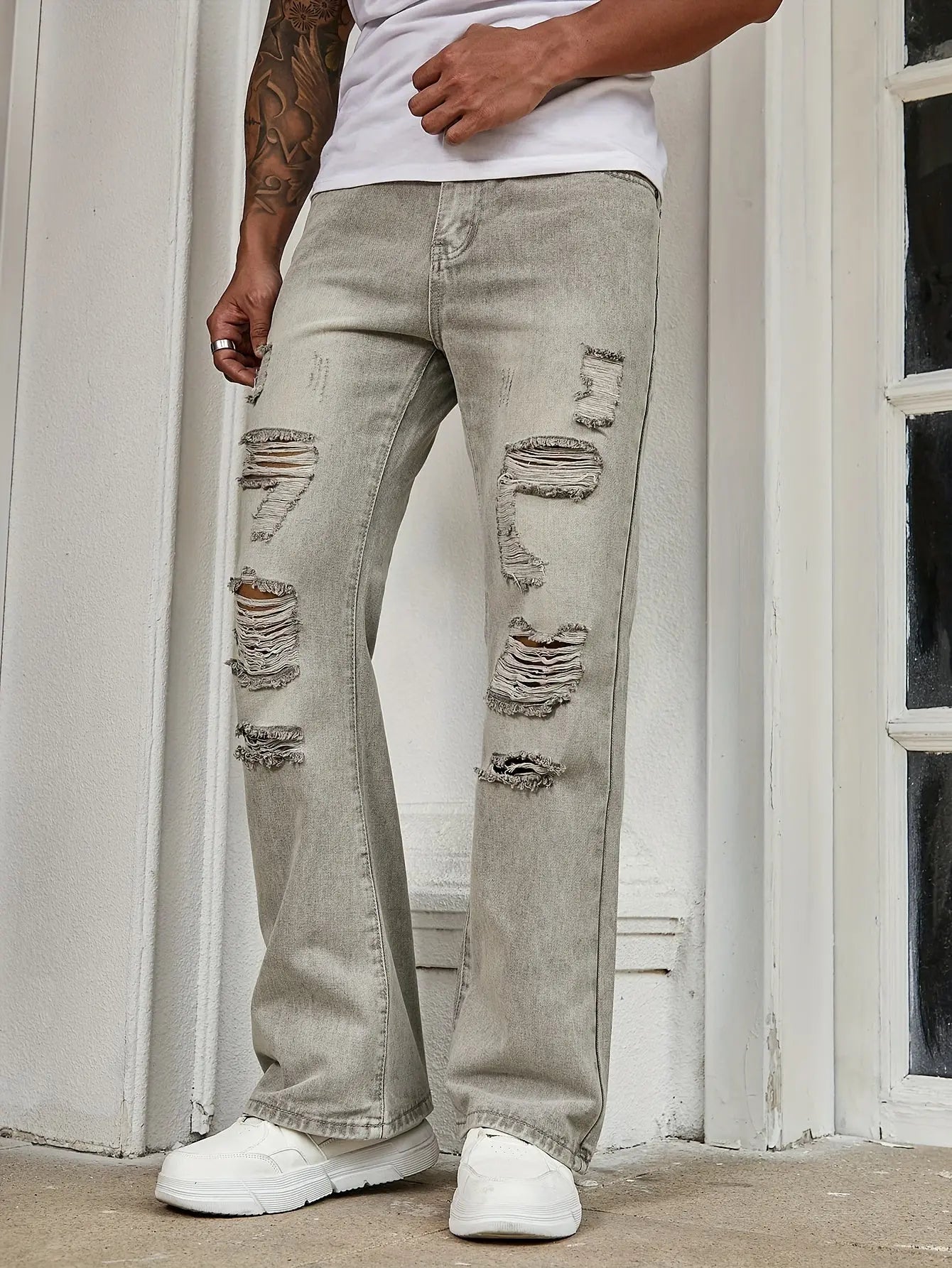 Pluto Distressed Grey Men's Casual Flare Jeans Pluto Clo uk | Official Website