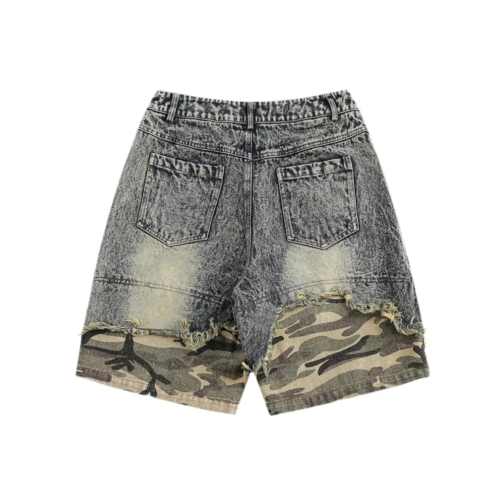 Pluto Camo’d Out Spliced Denim Mens Streetwear Washed Distressed Shorts Pluto Clo uk | Official Website