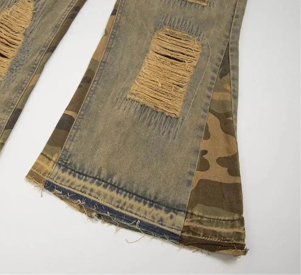 Pluto Ripped Sand Camo Panel Flared Denim Jeans Pluto Clo uk | Official Website