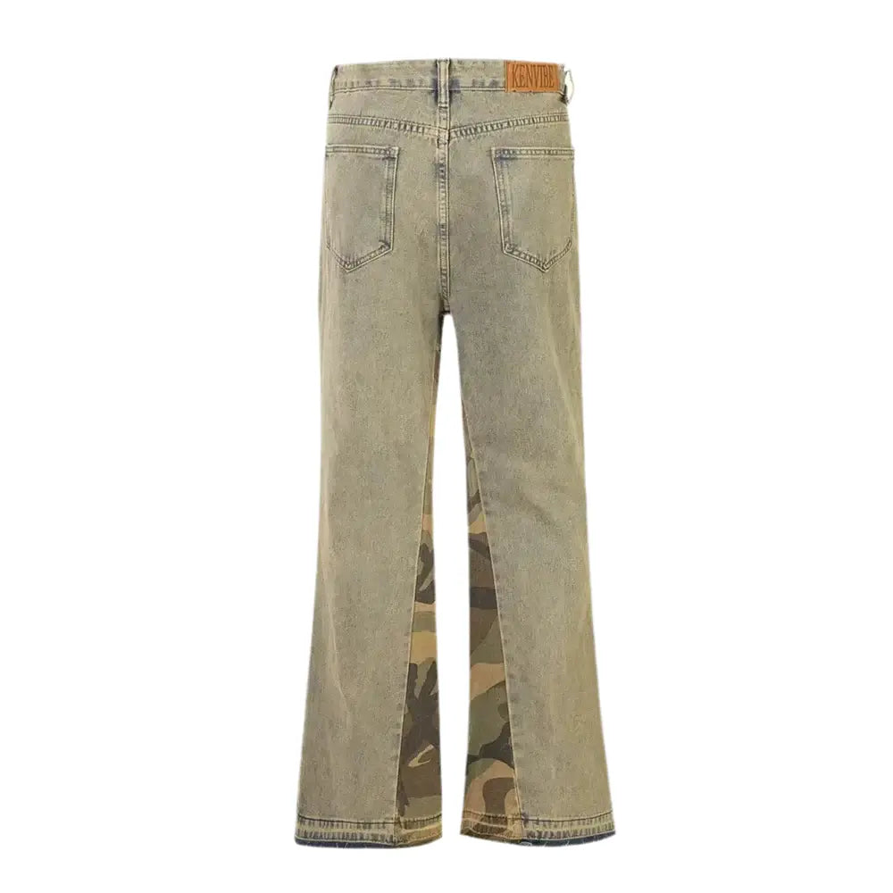 Pluto Ripped Sand Camo Panel Flared Denim Jeans Pluto Clo uk | Official Website
