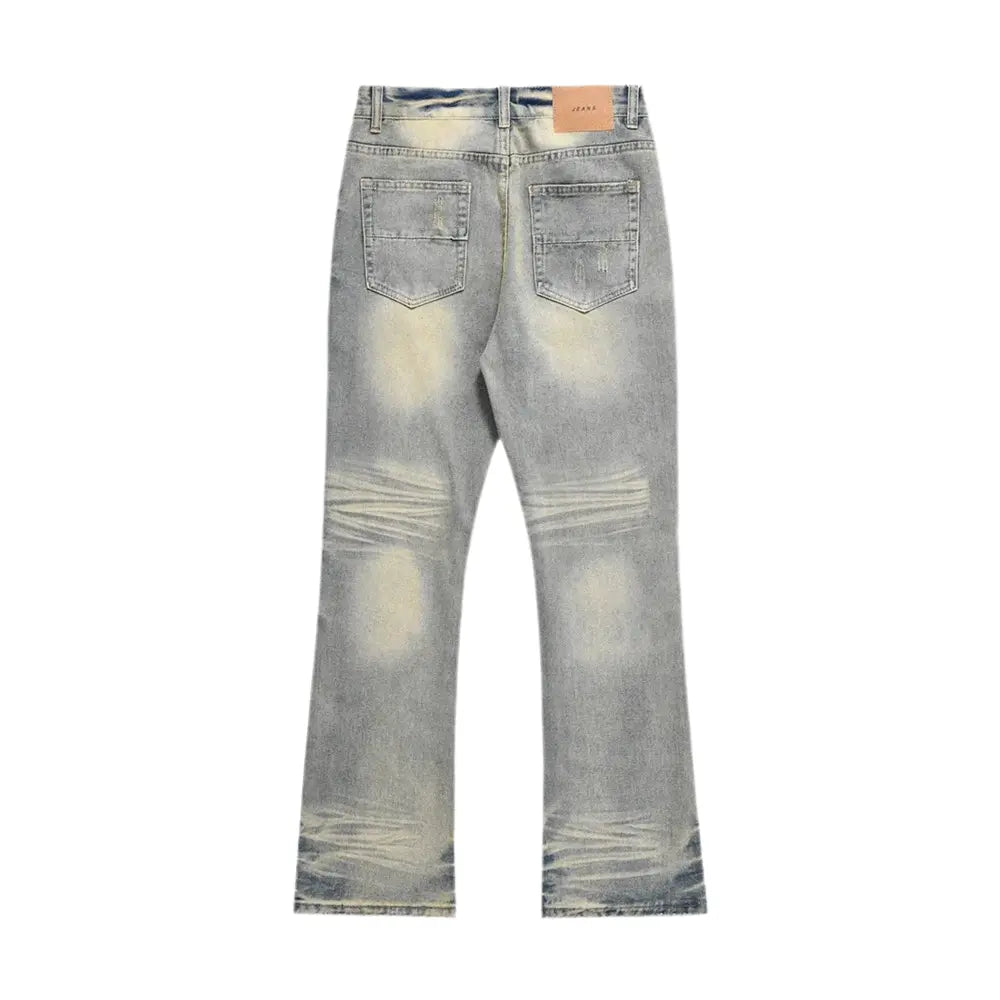 Pluto Washed Mud Yellow Denim Flared Distressed Jeans Pluto Clo uk | Official Website