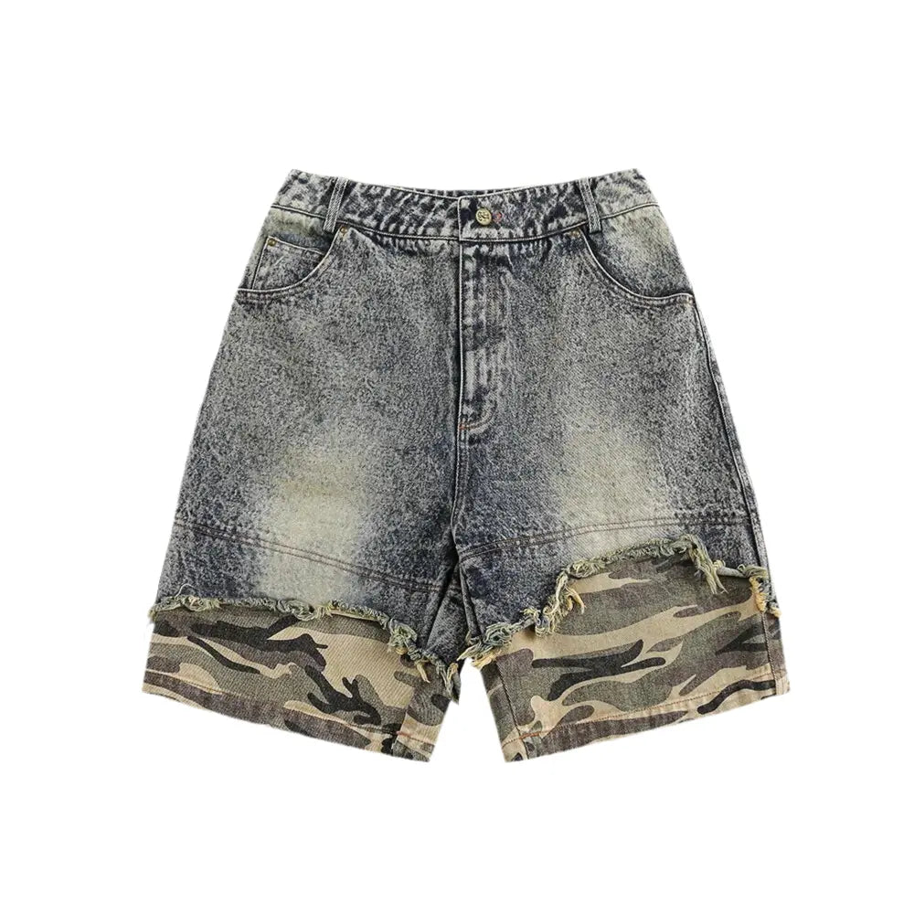Pluto Camo’d Out Spliced Denim Mens Streetwear Washed Distressed Shorts Pluto Clo uk | Official Website