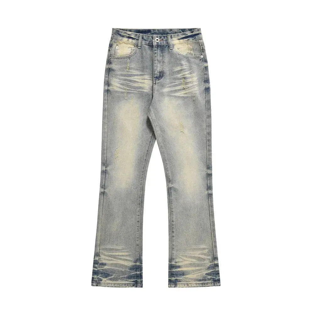 Pluto Washed Mud Yellow Denim Flared Distressed Jeans Pluto Clo uk | Official Website