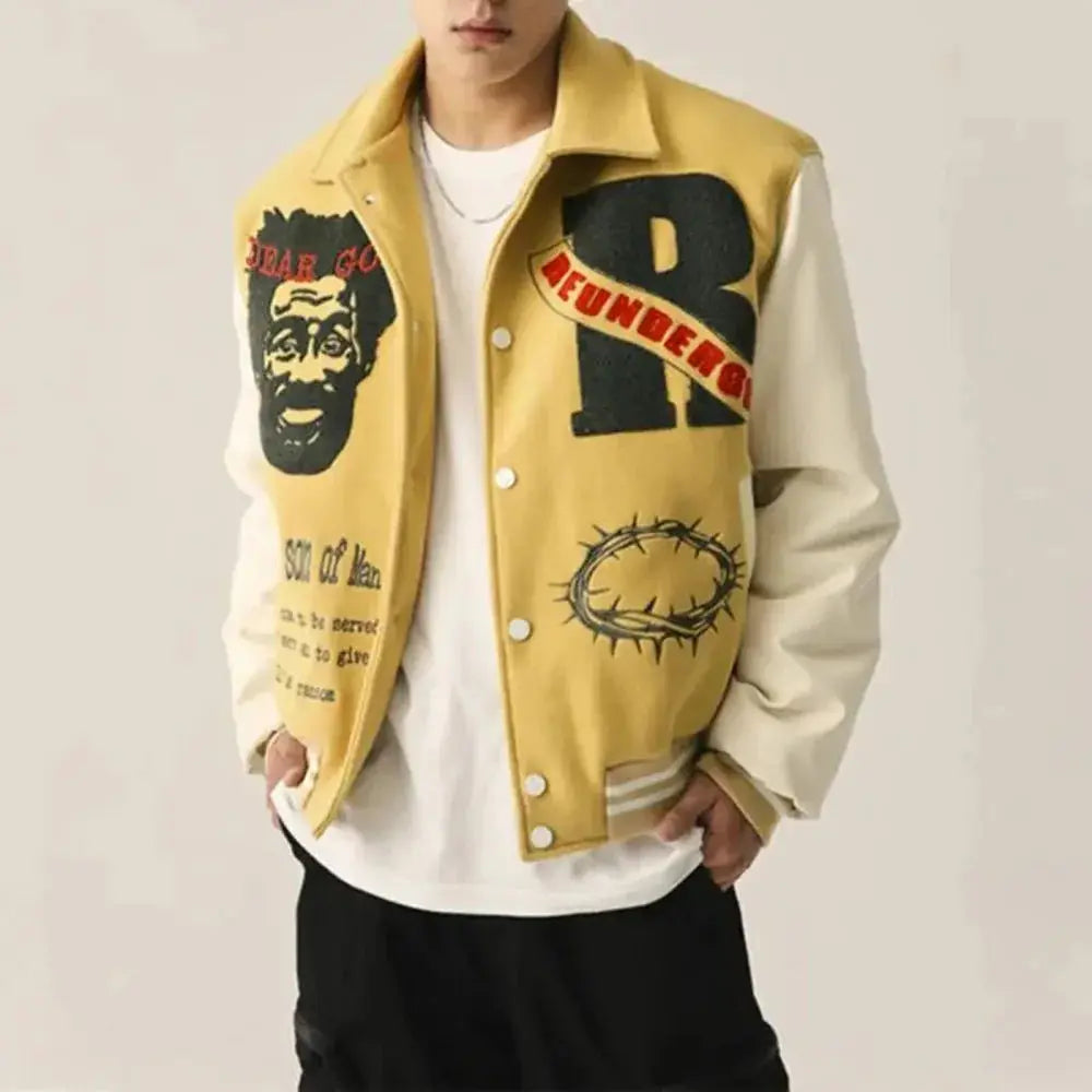 Pluto Son of Man Jesus Varsity Jacket Black / Sand Pluto Clo uk | Official Website