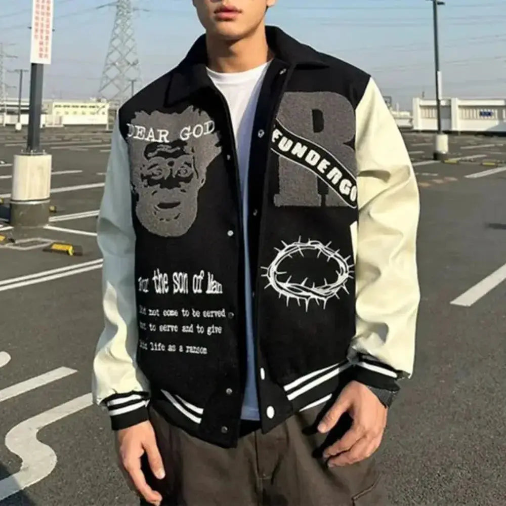Pluto Son of Man Jesus Varsity Jacket Black / Sand Pluto Clo uk | Official Website