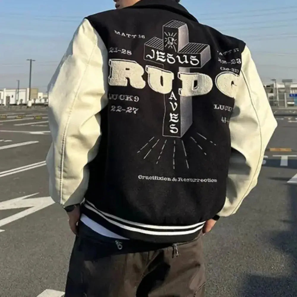 Pluto Son of Man Jesus Varsity Jacket Black / Sand Pluto Clo uk | Official Website